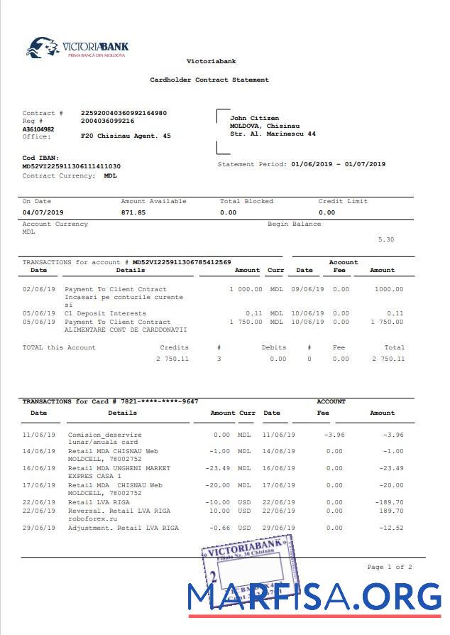 Printable Moldova Victoriabank bank statement word template
